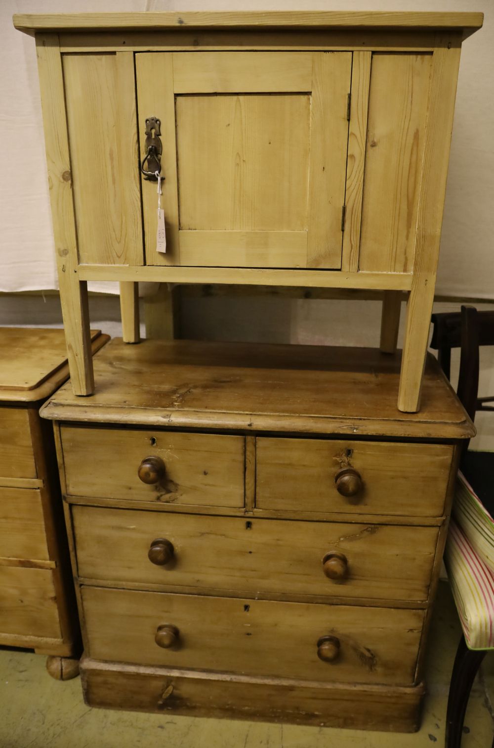 A small pine chest, width 81cm depth 45cm height 80cm and a small pine cupboard